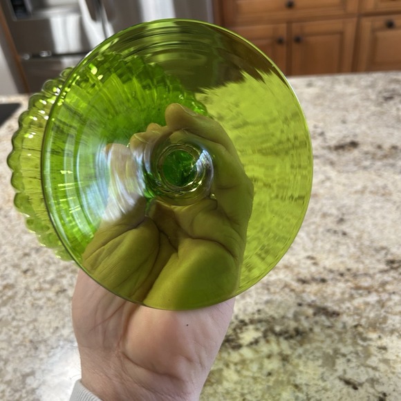 Vintage Empoli Green Ribbed Glass Pedestal Compote Bowl Scalloped Rim - Picture 5 of 7